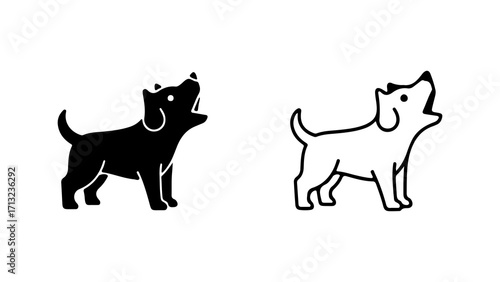 Simple barking dog icon set in black silhouette and outline style.