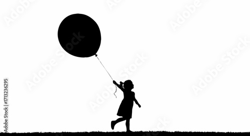"Vector illustration of a joyful little girl lifted by a large helium balloon, magical fantasy scene, black silhouette on clean white background",little girl, child, silhouette, balloon, h