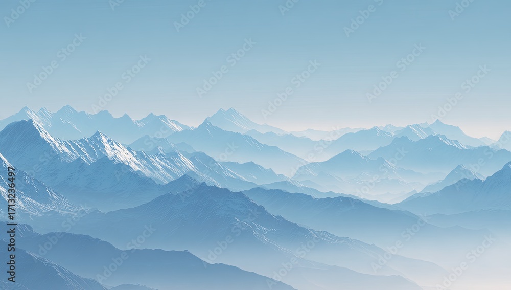 Fototapeta premium Panoramic view of distant mountain ranges. Pale blue hues, soft peaks