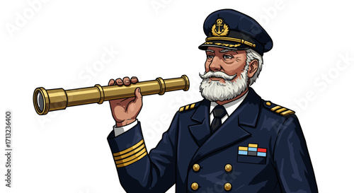 Experienced old captain in uniform holding a brass spyglass looking into the distance isolated on white background