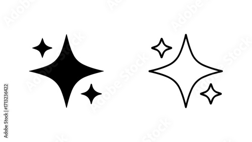 Simple black and white sparkle star icon set.