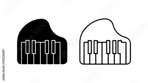 Simple black grand piano silhouette and outline icon set.