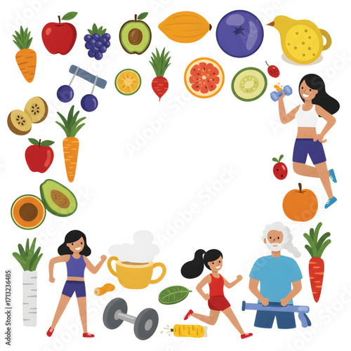 Colorful illustration of healthy lifestyle, featuring people exercising and various fruits and vegetables.