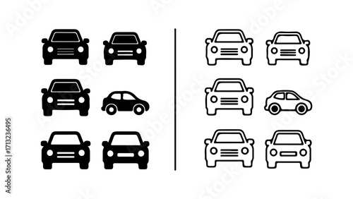 Simple car silhouette and line art icon collection.