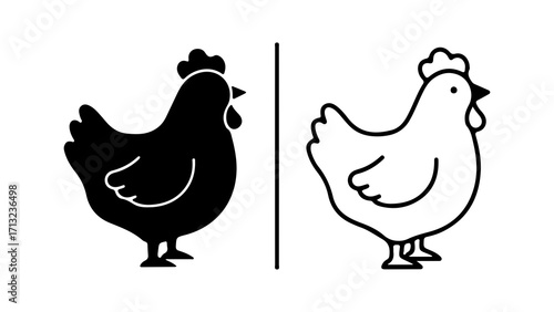 Simple chicken hen icon set with silhouette and outline style.