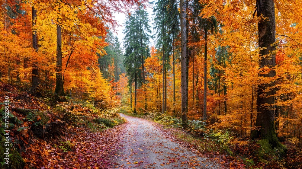 Obraz premium Colorful trees and footpath road in autumn landscape in deep forest. The autumn colors in the forest create a magnificent view. autumn view in nature. High quality