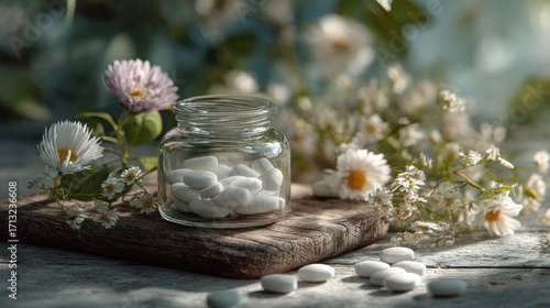 Glass jar containing supplements with botanical elements, holistic wellness