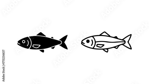 Simple fish silhouette and line art vector illustration set 1.