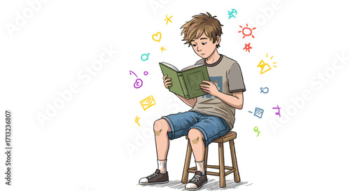 Young Boy Sitting on Stool Reading a Book with Colorful Imagination Symbols Floating Around Isolated on White
