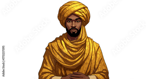 Man Wearing Traditional Yellow Turban and Robes Isolated on White Background Character Illustration