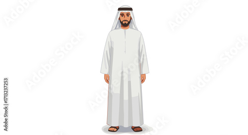 Proud Arab Man Standing Confidently in Traditional Emirati Kandura Isolated on White Background
