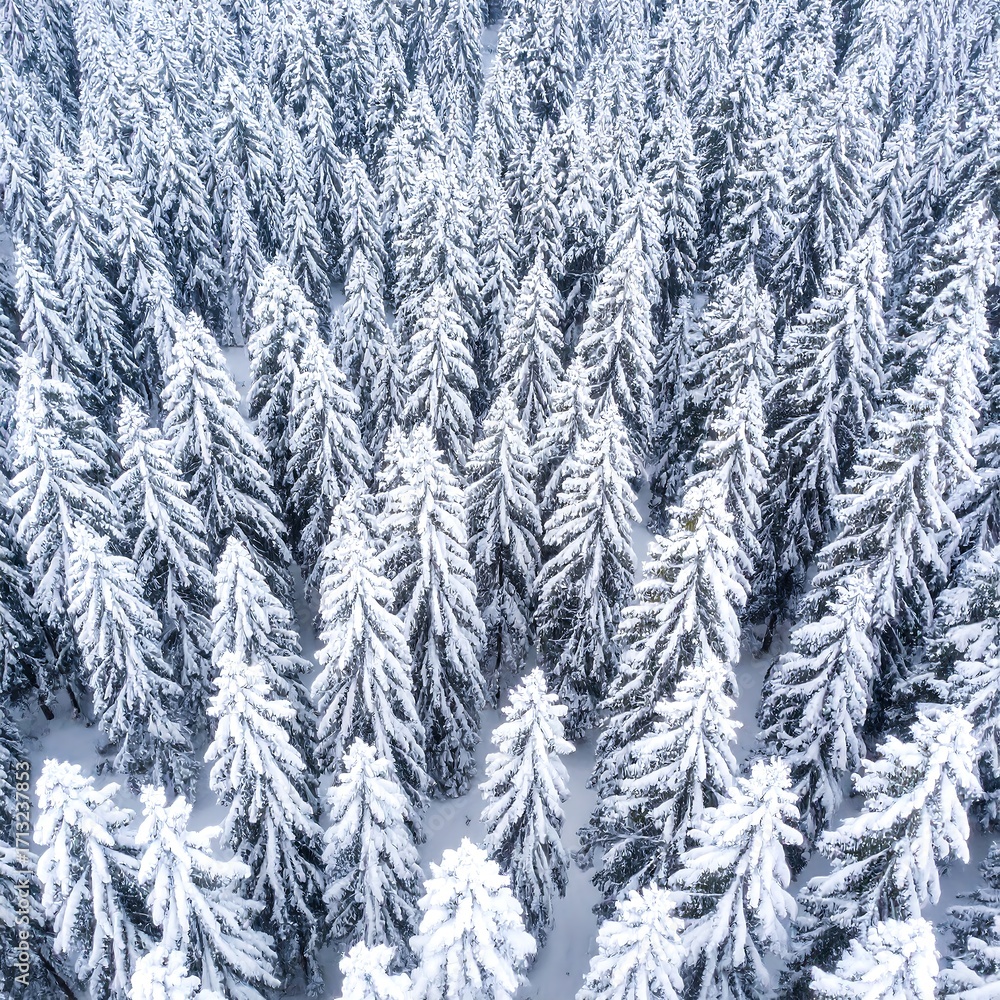 Obraz premium Snowy pine forest aerial view