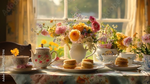 Wallpaper Mural Sunny window, floral arrangement, tea, scones, vintage tableware. Torontodigital.ca