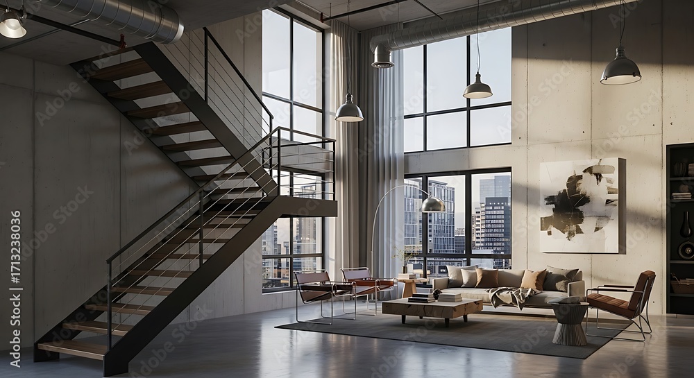 Fototapeta premium Modern Loft Interior with Staircase and City Views Architectural and Design Elements