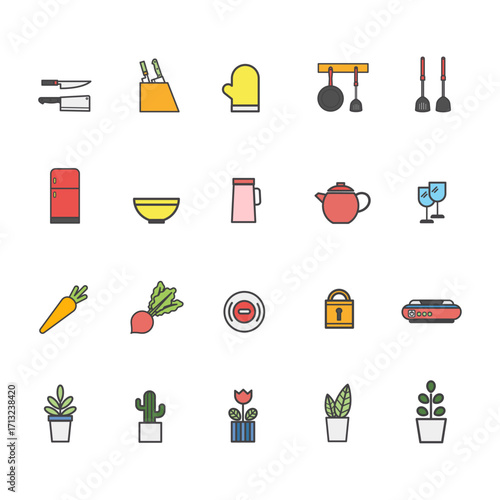 Kitchen Utensils Icon Set, Colorful Flat Design, Cooking