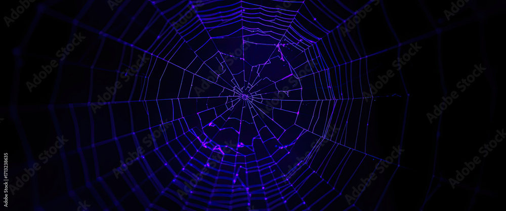 Naklejka premium Spider web glowing with purple and blue light on dark background, spooky and mysterious atmosphere perfect for Halloween decoration, abstract texture and creepy detail 