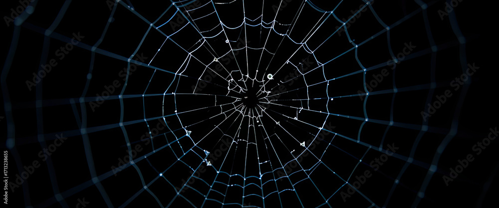 Fototapeta premium Spider web with subtle blue highlights and dew drops on dark background, mysterious and spooky atmosphere perfect for Halloween decoration, abstract creepy texture 