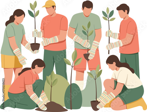 vector illustration of a diverse community group planting a tree together for environmental protection and International Day for Disaster Risk Reduction.