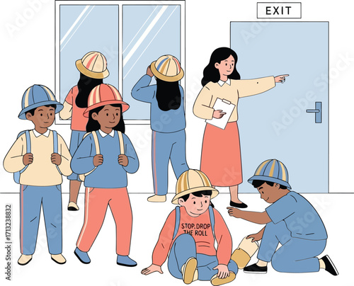 vector illustration of a diverse group of people evacuating through an exit door during an emergency drill for International Day for Disaster Risk Reduction.