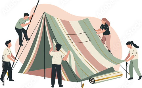 vector illustration of a family setting up an emergency shelter tent for a disaster preparedness drill for International Day for Disaster Risk Reduction.
