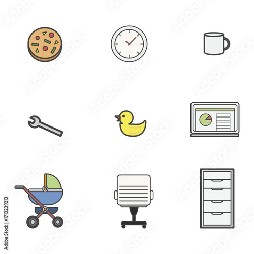 Simple Icons Representing Daily Life, Work, and Parenthood