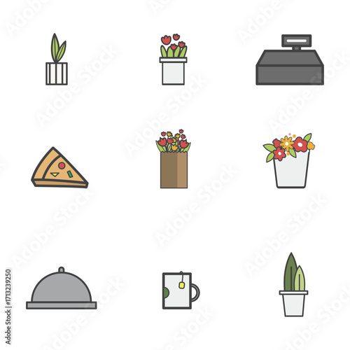 Colorful Icons of Flowers, Pizza, Plants, Tea, and More