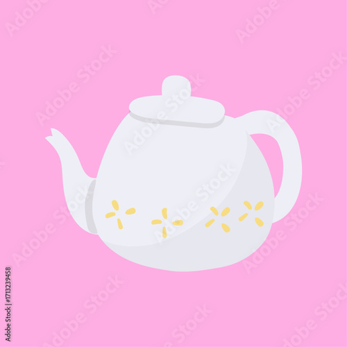 Cute white teapot with small yellow flowers on a pink background