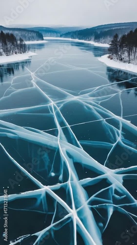 Frozen lake with cracks in ice