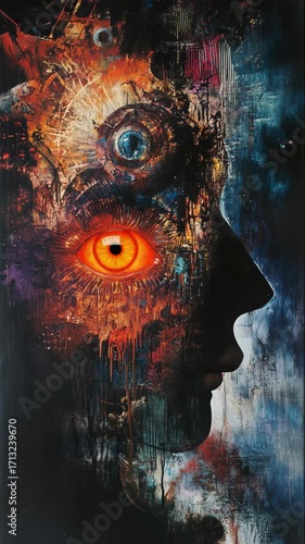 A painting of a woman 's face with a large eye