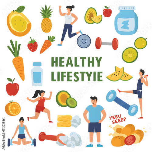 Healthy lifestyle concept featuring people exercising and various healthy foods.
