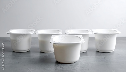 Empty white plastic yogurt cups arranged in a row on a gray surface.