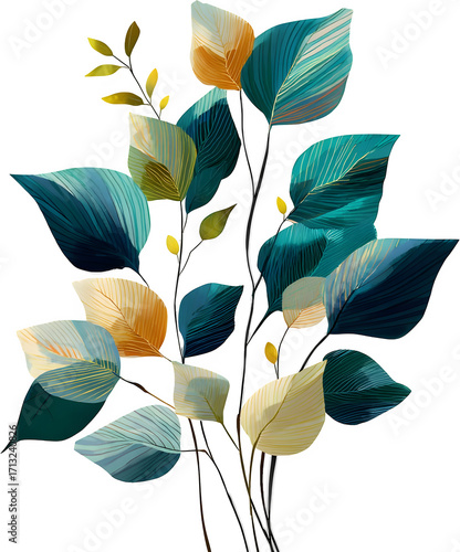 Elegant artistic leaf illustration with teal, gold, and green tones, perfect for nature backgrounds, home decor, and modern design. Aesthetic botanical art for creative projects , PNG
