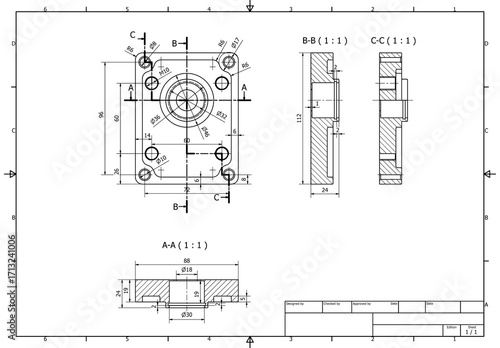 detailed engineering drawing of a mechanical component, housing or mounting plate, various views and dimensions CAD design