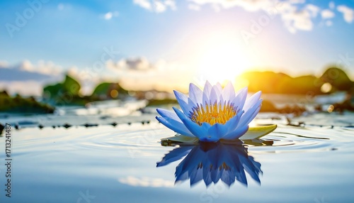 Serene lotus flower on still water at sunset