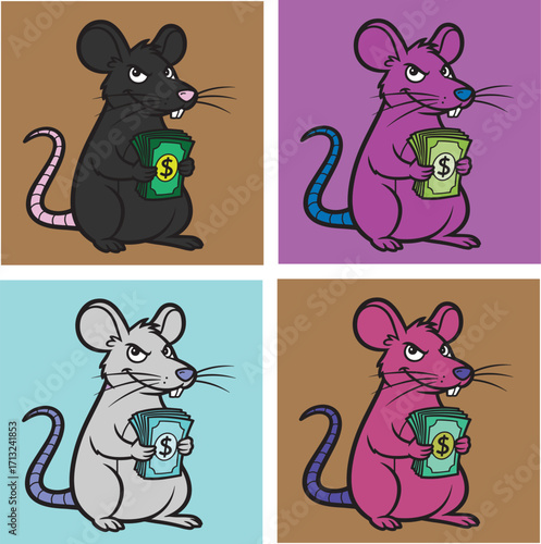 Cartoon Greedy Rat Holding Money