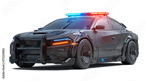 Cybernetic police patrol car, glowing sirens, AI facial recognition system, armored body, isolated on a white background