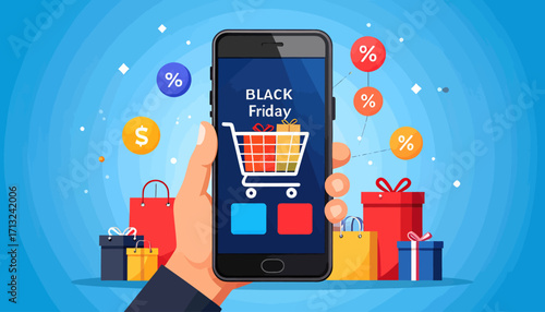 Vector concept of online shopping and e-commerce for a major seasonal sale, with a hand holding a smartphone and surrounded by gift boxes