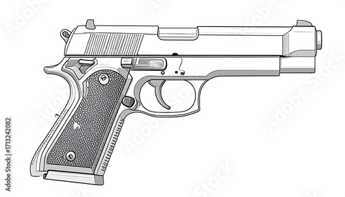 Side view of a handgun.  Detailed line drawing, grayscale