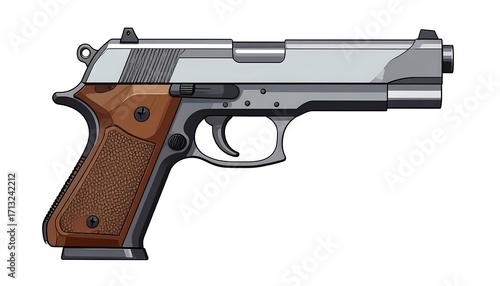 Side view of a handgun, stylized illustration.  Realistic cartoon depiction