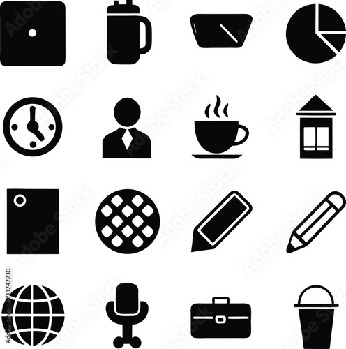 Collection of 16 diverse black and white icons for business work office and creative projects a versatile set.