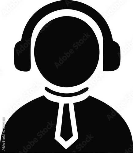 Customer service icon silhouette of person with headphones and tie for support help desk and call center communication concept