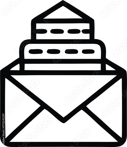 Open envelope icon revealing stacked paper sheets with stamps symbolizing correspondence and communication