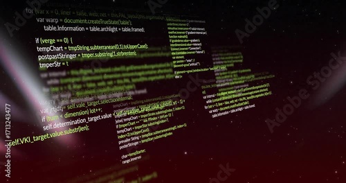 Opening 3D cosmic void showing neon code fragments forming, rotating, rearranging with hue-shifting