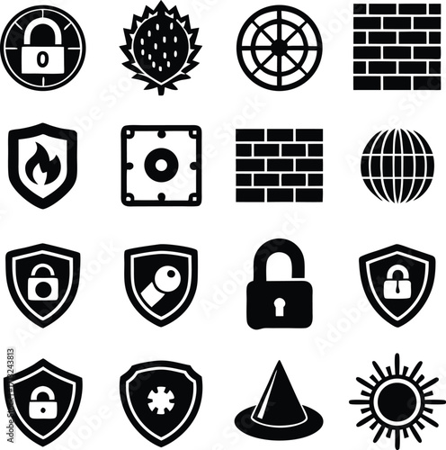 Collection of security and protection icons featuring locks shields globes and fire for digital and physical safety themes