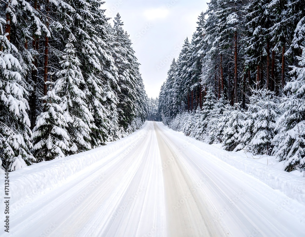 Fototapeta premium Snowy road through a pine forest