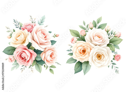 Pink and Cream Rose Bouquets with Green Leaves - Isolated on Transparent Background