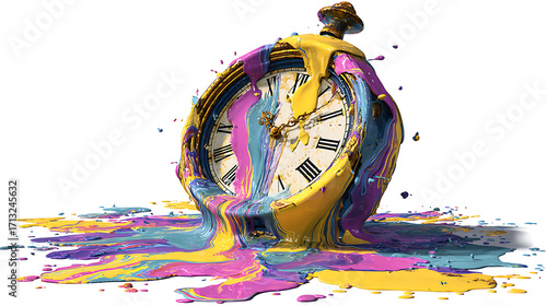 Clock melting into a puddle of vibrant paint, surrealism and time concept, isolated on a white background
