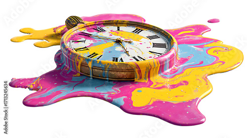 Clock melting into a puddle of vibrant paint, surrealism and time concept, isolated on a white background