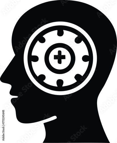 Mindset icon silhouette human head with cogwheel and plus symbol representing strategy or psychology