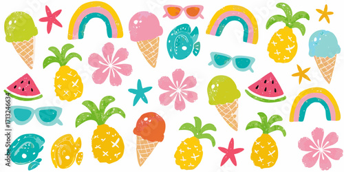 Vibrant summer vacation icons including ice cream cones pineapples rainbows and sunglasses
